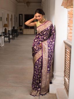 Sacred Weaves - Purple Jaal Katan Silk Handloom Banarasi Saree