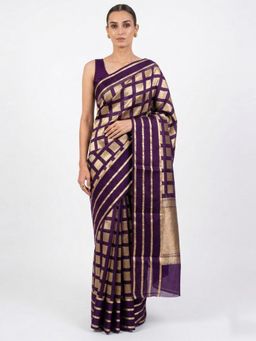 Sacred Weaves - Purple Checks Organza Handloom Banarasi Saree