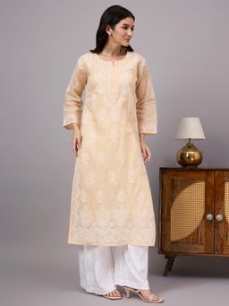 The Chikan Label - Aabira Cotton Chikankari Straight Kurta With Inner-Beige