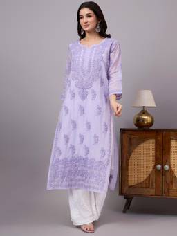 The Chikan Label - Aabira Cotton Chikankari Straight Kurta With Inner-Lavender