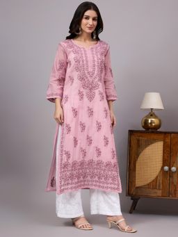 The Chikan Label - Aabira Cotton Chikankari Straight Kurta With Inner-Mauve