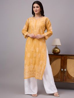 The Chikan Label - Aabira Cotton Chikankari Straight Kurta With Inner-Mustard