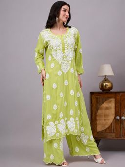 The Chikan Label - Aabira Cotton Chikankari Straight Kurta With Inner-Pista Green