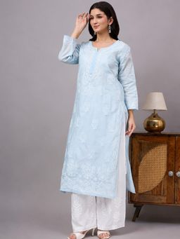 The Chikan Label - Aabira Cotton Chikankari Straight Kurta With Inner-Sky Blue
