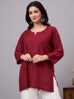 The Chikan Label - Liba Rayon Chikankari Straight Kurti - Maroon
