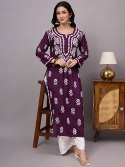 The Chikan Label - Liba Rayon Chikankari Straight Kurta - Wine