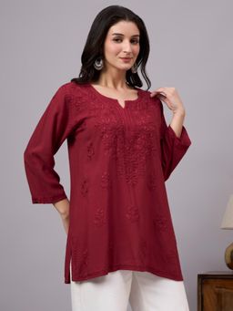 The Chikan Label - Nawal Rayon Chikankari Short Kurti - Maroon