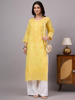 The Chikan Label - Raniya Rayon Chikankari Straight Kurta - Yellow