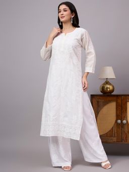 The Chikan Label - Iyaja Cotton Chikankari Straight Kurti With Inner - White