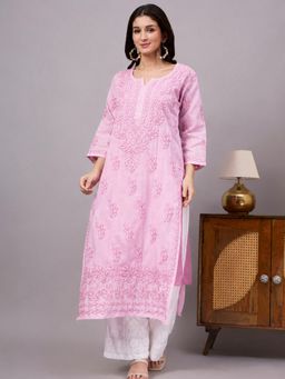 The Chikan Label - Imani Cotton Chikankari Straight Kurti With Inner- Baby Pink
