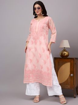 The Chikan Label - Imani Cotton Chikankari Straight Kurti With Inner- Peach