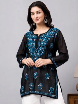 The Chikan Label - Yusra Rayon Chikankari Short Kurti - Blue