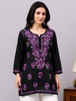 The Chikan Label - Yusra Rayon Chikankari Short Kurti - Lavender