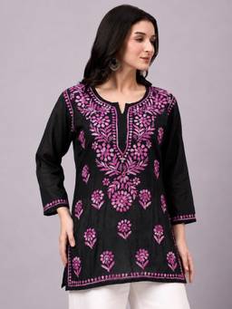 The Chikan Label - Yusra Rayon Chikankari Short Kurti - Purple