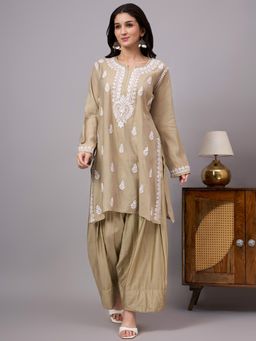 The Chikan Label - Green Sharvi Chanderi Chikankari Kurta with Farshi Salwar