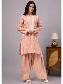 The Chikan Label - Peach Sharvi Chanderi Chikankari Kurta with Farshi Salwar