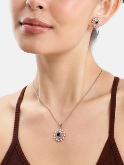 Estele - Elegant Rose gold AD Floral Necklace Set in Navy Blue Accents