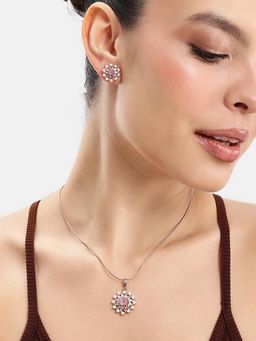Estele - Chic Rose gold AD Floral Necklace Set in Mint Pink Accents