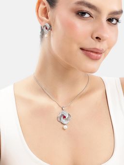 Estele - Glam Rhodium AD Necklace Set in Ruby Red Accents