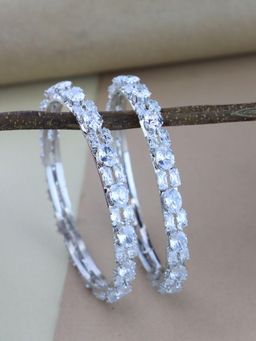 I Jewels - Silver Plated Thick Brass Bangles With CZ American Diamonds (Pack of 2)