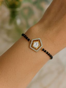 I Jewels - Gold Plated Stylish White Adjustable Hand Wrist Mangalsutra Bracelet For Women