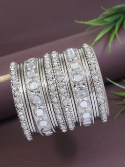 I Jewels - Ethnic Stylish Silver Plated Mirror Work Bangles (Pack of 14)