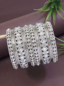 I Jewels - Ethnic Stylish Silver Plated Stone and Mirror Work Bangles (Pack of 14)