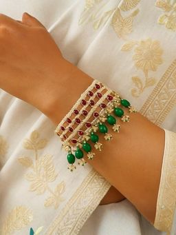 I Jewels - Gold Plated Traditional Pearl Beaded Adjustable Bracelet with Stone Drops for Women