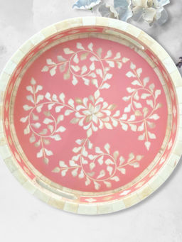 CasaGold - Handcrafted Round Pink Bone Inlay Leaf Tray|Floral Pattern Serving Tray