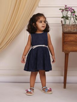 Budding Bees - Blue Lace Solid Dress with Belt (Set of 2)