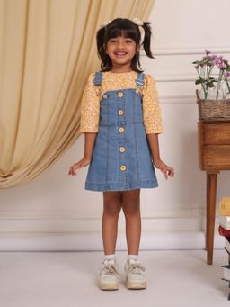 Budding Bees - Denim Dungaree Dress with Floral Top (Set of 2)