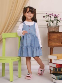 Budding Bees - Blue Embroidered Dungaree Dress with T-Shirt (Set of 2)