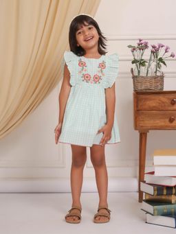 Budding Bees - Green Checked Embroidered Dress