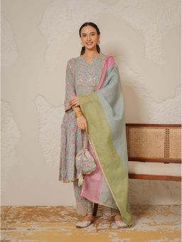 NEMAANI - Sitara Blue A-Line Kurta with Pant and Dupatta