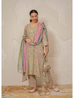 NEMAANI - Nayra Green A-Line Kurta with Pant and Dupatta