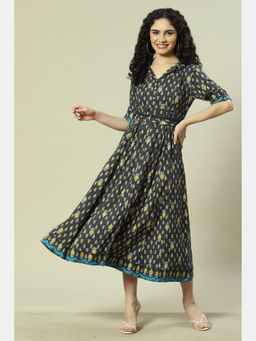 Rangriti - Black Viscose Kalidar Dress with Belt (Set of 2)