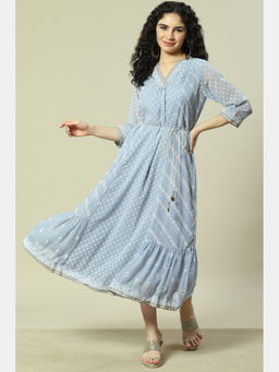 Rangriti - Blue Cotton Blend Kalidar Dress with Belt (Set of 2)