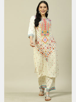 Rangriti - White Cotton Blend Printed Straight Kurta & Palazzo (Set of 2)