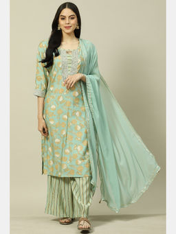 Rangriti - Green Cotton Blend Printed Straight Kurta & Palazzo (Set of 3)