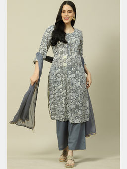 Rangriti - Grey Cotton Blend Printed Straight Kurta & Palazzo (Set of 3)