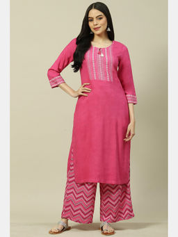Rangriti - Pink Viscose Printed Straight Kurta & Palazzo (Set of 2)