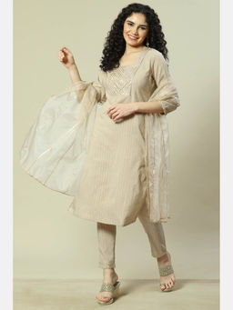 Rangriti - Beige Cotton Stripes Straight Kurta Suit (Set of 3)