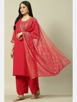 Rangriti - Pink Cotton Blend Embroidered Straight Kurta & Palazzo (Set of 3)