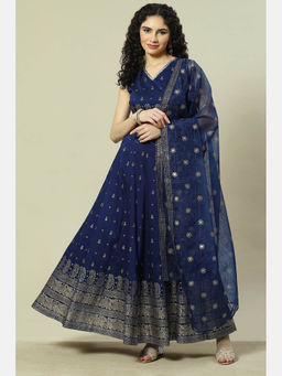 Rangriti - Indigo Cotton Blend Printed Lehnga (Set of 3)