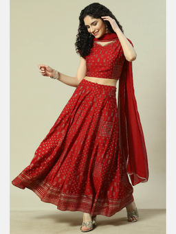 Rangriti - Red Viscose Printed Lehnga (Set of 3)