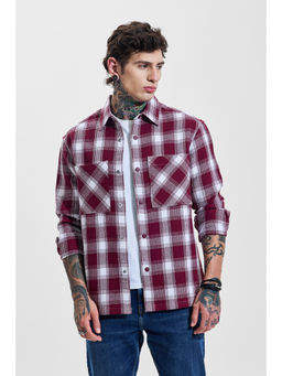 Snitch - Mens Burgundy Checks Full Sleeves Relaxed Casual Shirt