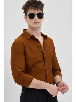Snitch - Mens Brown Solid/Plain Full Sleeves Slim Casual Shirt