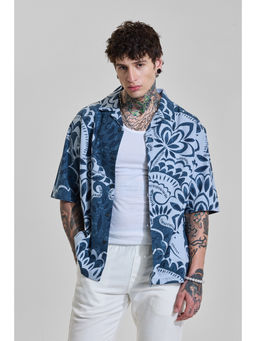 Snitch - Mens Blue Floral Half Sleeves Oversized Casual Shirt