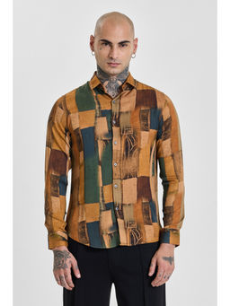 Snitch - Mens Brown Abstract Full Sleeves Slim Casual Shirt