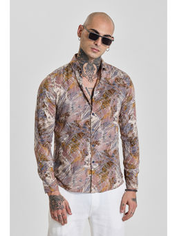 Snitch - Mens Mauve Abstract Full Sleeves Slim Casual Shirt